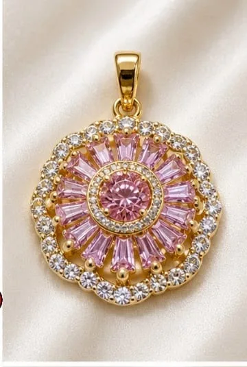 Colgante de Rodio - Circular con circonias rosadas radiales