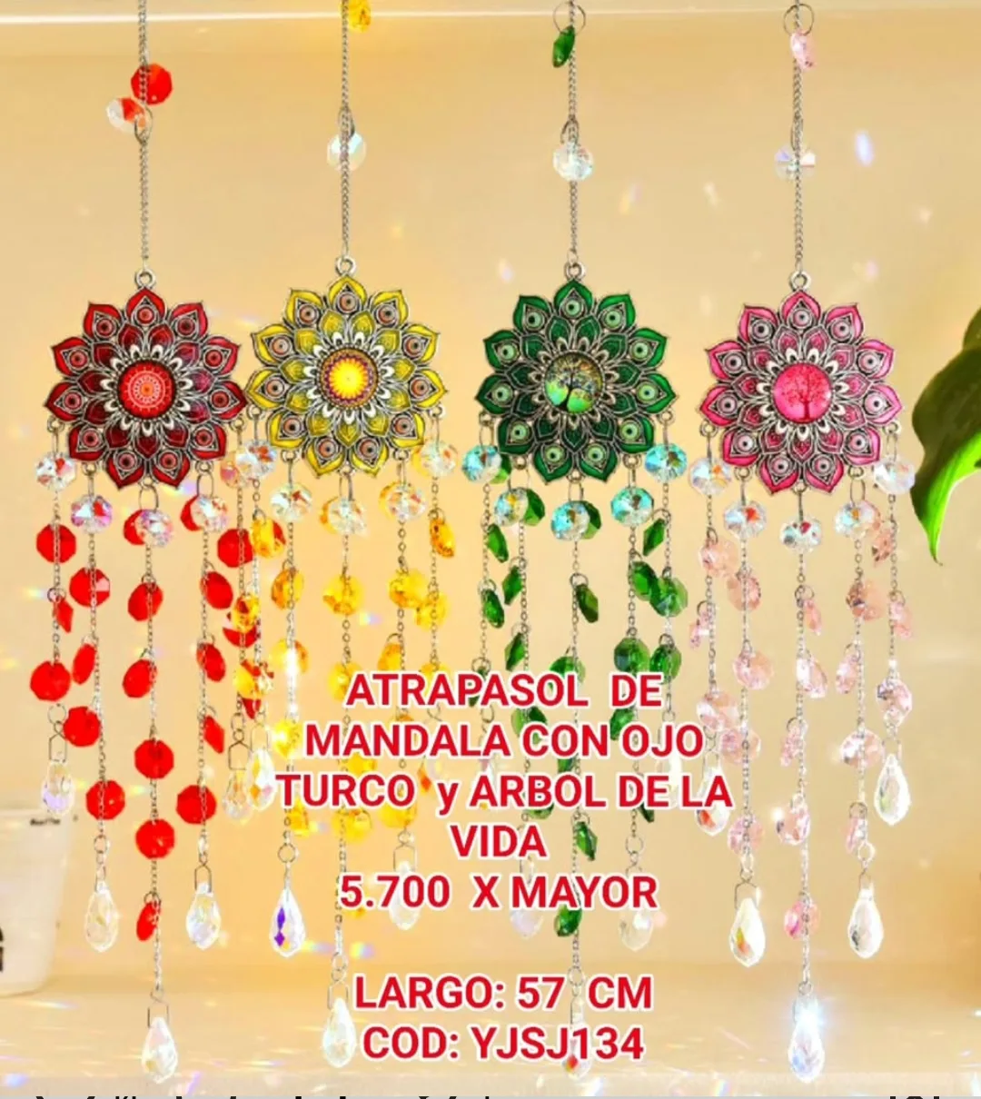 Atrapasoles Mandala con Ojo Turco, Árbol de la Vida y Caída de Cristales Prismáticos