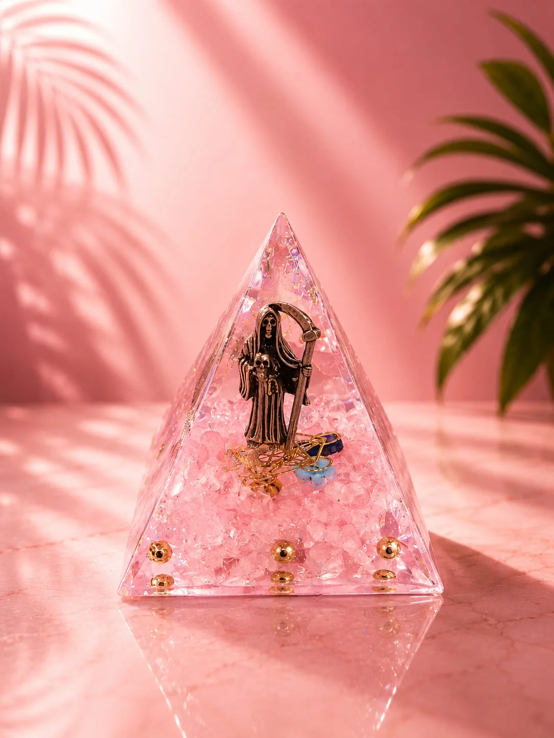 Pirámide de Orgonita o Orgón - Santa Muerte plateada - cuarzo rosa