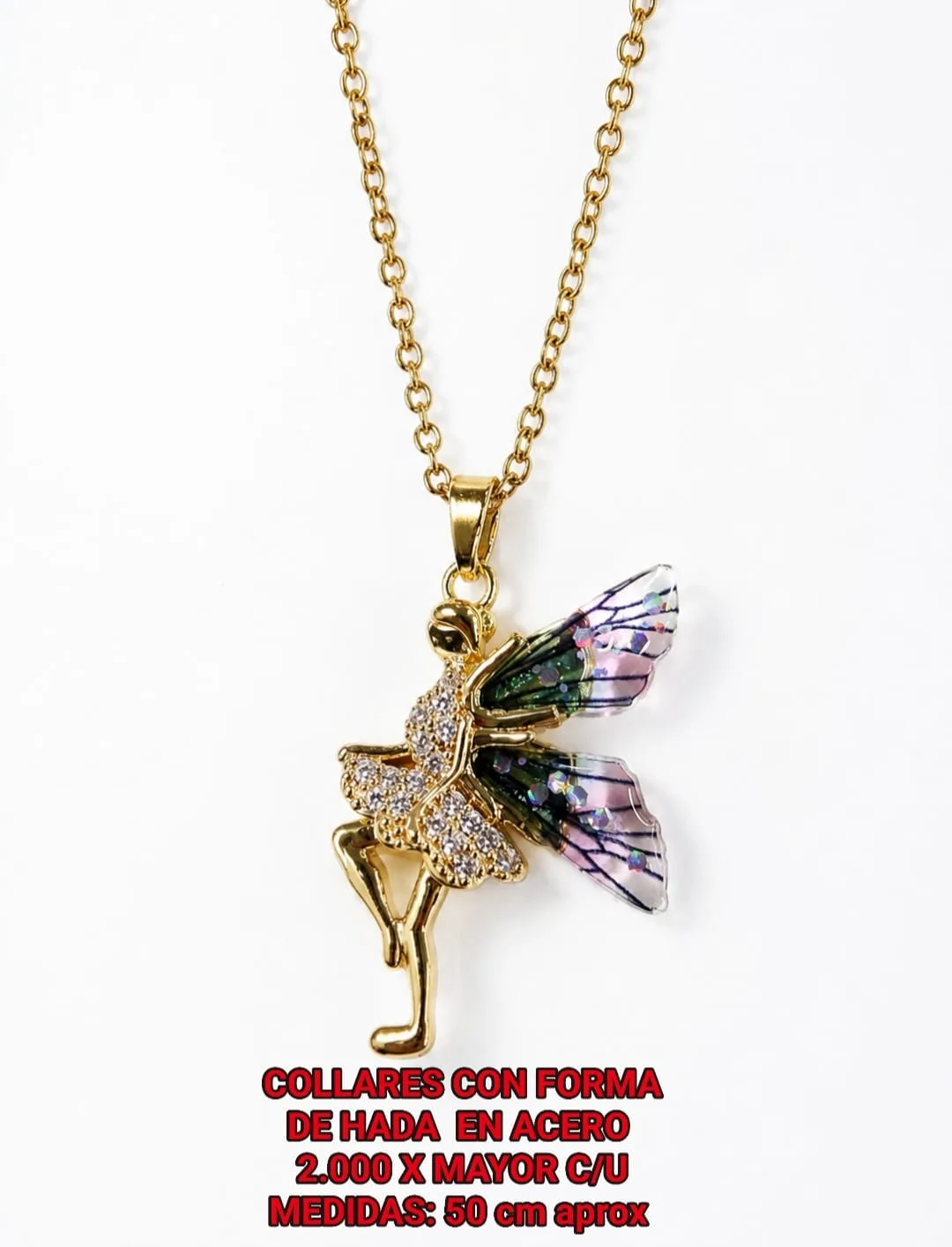 Collar con Forma de Hada en Acero - Alas rosada y verde