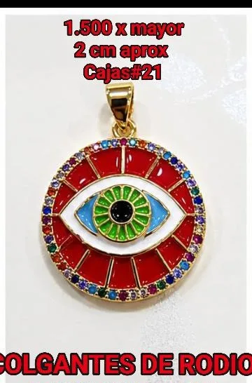 Colgante de Rodio - Ojo redondo con piedras multicolor sobre fondo rojo