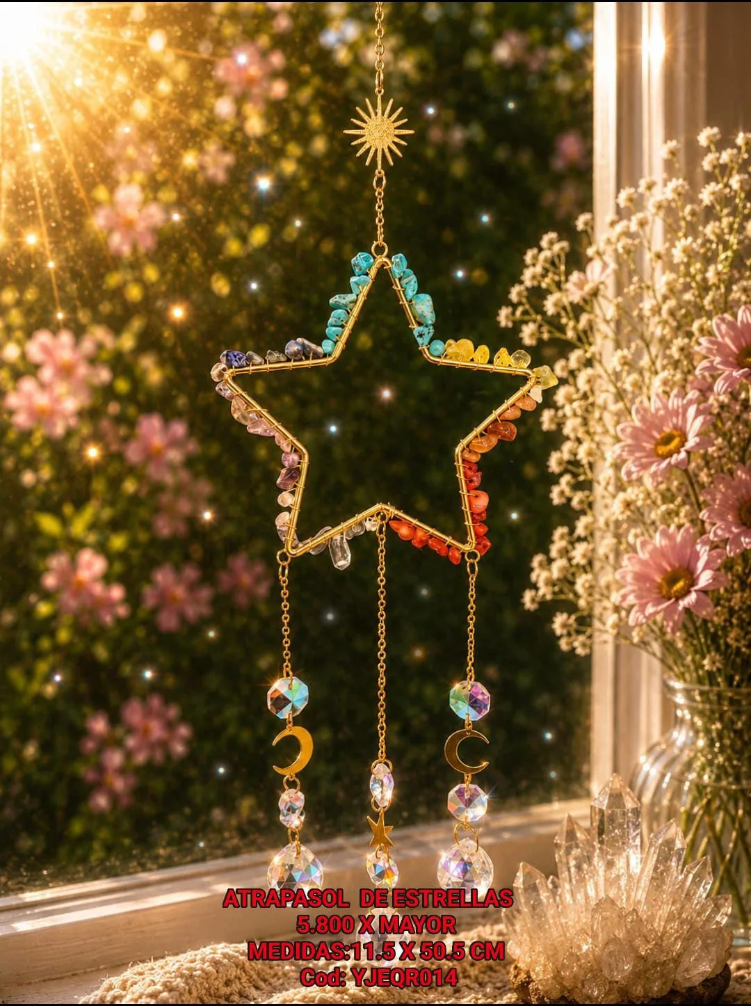 Atrapasoles Estrella Celestial Dorada 7 Chakras con Cadenas de Cristales y Dijes de Luna